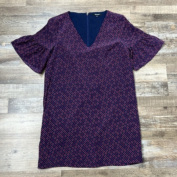 Madewell Silk Painted Clover Mini Shift Mod Dress Sz 4 Retro Short Bell Sleeve - Picture 6 of 13